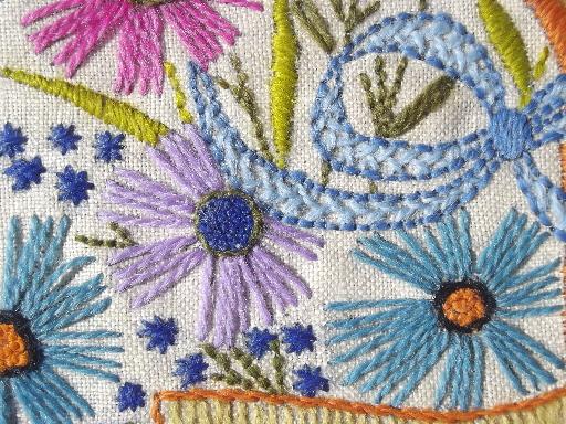 vintage framed needlework, crewel wool embroidered flower pictures on linen