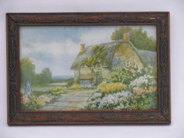 vintage framed print, old cottage scene picture, home sweet home