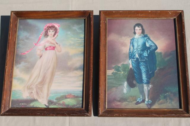 vintage framed prints Pinkie & Blue Boy, shabby cottage chic wood frames