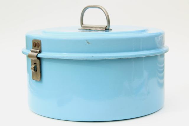 vintage french blue enamel cake carrier, large round tiffin or lunch pail w/ sturdy handle