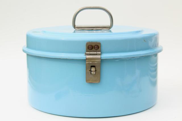 vintage french blue enamel cake carrier, large round tiffin or lunch pail w/ sturdy handle