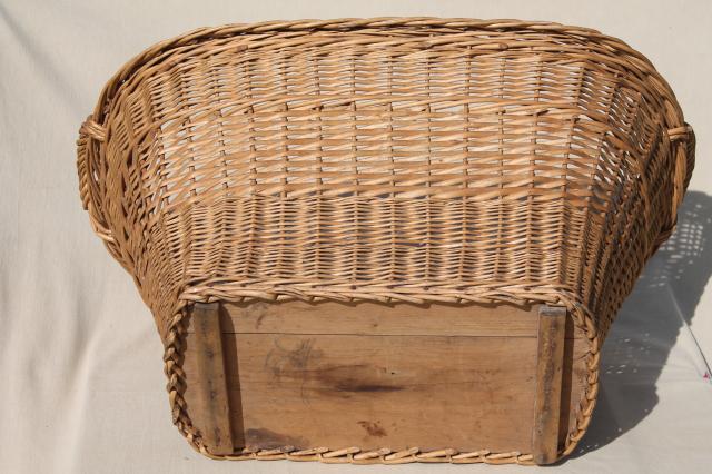 vintage french country chic wicker laundry hamper, big old wash basket w/ handles