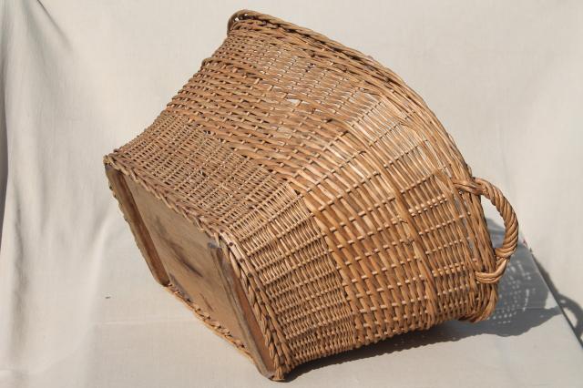 vintage french country chic wicker laundry hamper, big old wash basket w/ handles