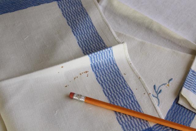 vintage french country damask kitchen tablecloth napkins set, hand embroidered blue & white cotton