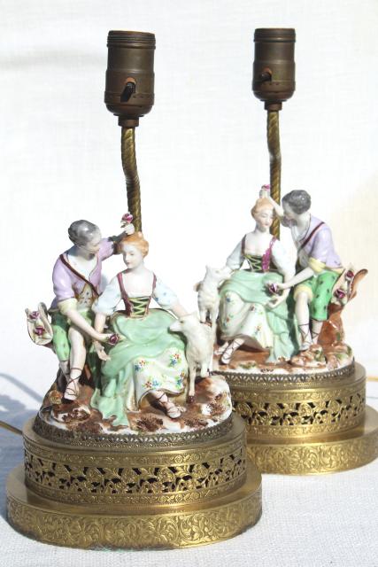 vintage french country style china figurine lamps, Arcadian couple on gold metal filigree bases