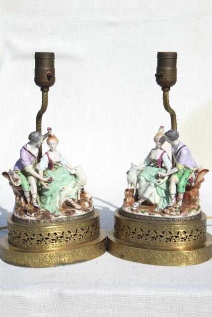 vintage french country style china figurine lamps, Arcadian couple on gold metal filigree bases