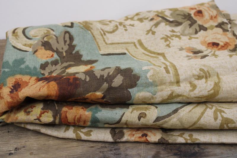 vintage french country style floral print flax linen fabric, large roses bouquets