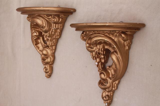 vintage french country wall shelves, pair of gold chalkware half round brackets