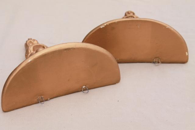 vintage french country wall shelves, pair of gold chalkware half round brackets
