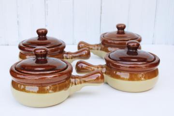 vintage french onion soup bowls, individual stoneware casserole dishes w/ stick handle