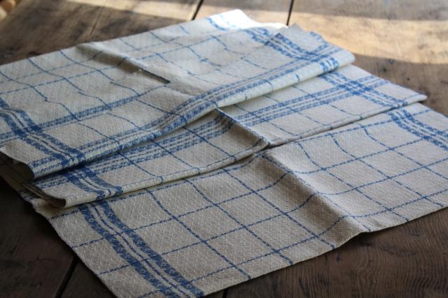 vintage french pure linen towel fabric, unused toweling diamond weave blue & creamy white
