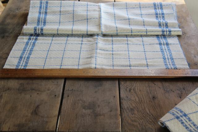 vintage french pure linen towel fabric, unused toweling diamond weave blue & creamy white