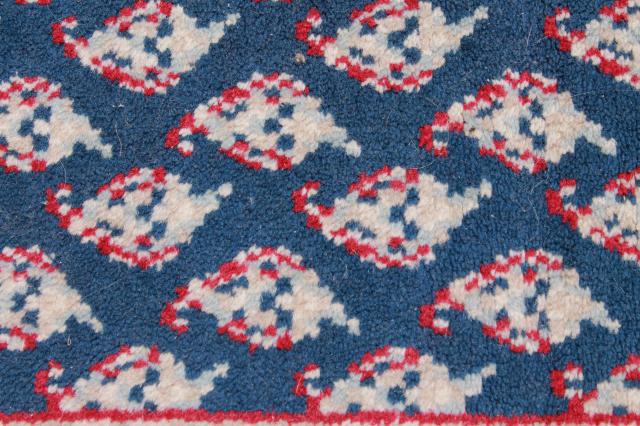 vintage fringed wool area rug, small oriental carpet woven red & white on navy blu