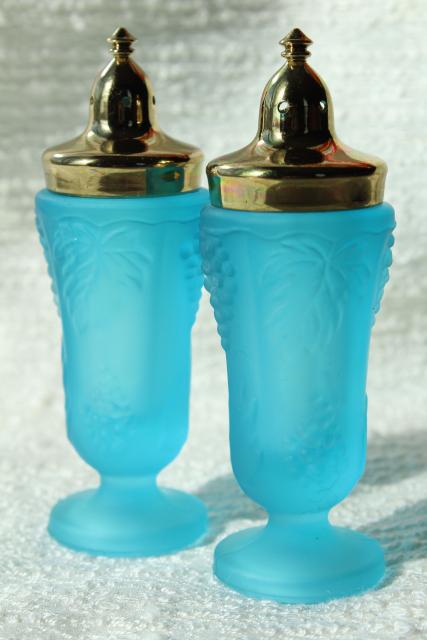 vintage frosted glass blue mist paneled grape grapes pattern S&P shakers, gold metal lids