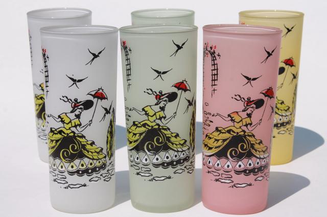 vintage frosted glass iced tea glasses w/ southern belles print, tall tumblers in pastel colors