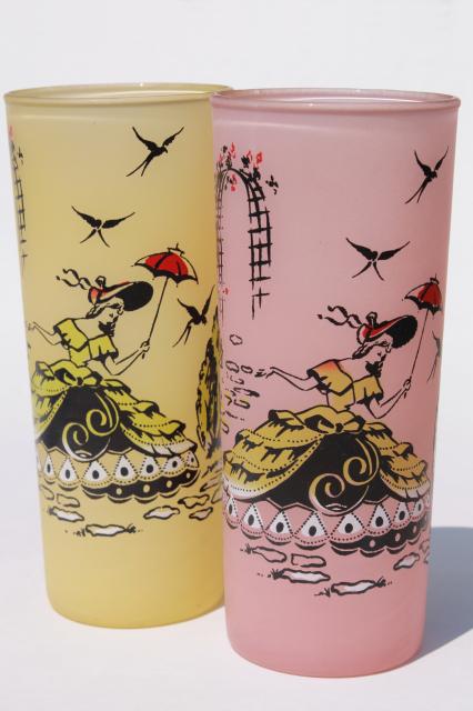vintage frosted glass iced tea glasses w/ southern belles print, tall tumblers in pastel colors