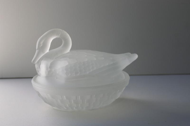 vintage frosted glass swan on nest, trinket box for jewelry or vanity table