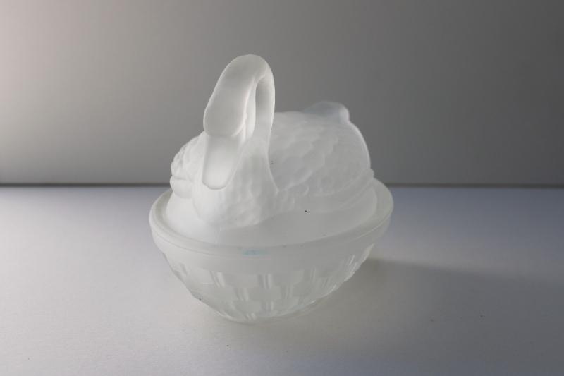 vintage frosted glass swan on nest, trinket box for jewelry or vanity table