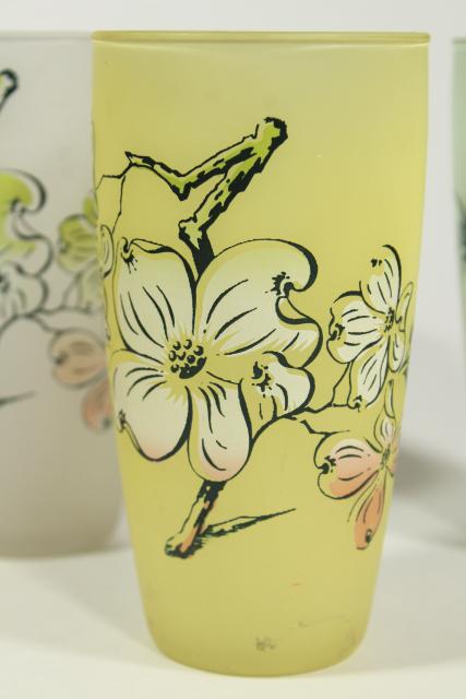 vintage frosted glass tumblers, dogwood flowers pastel colors, Libbey southern plantation?