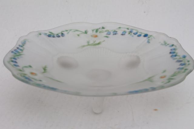 vintage frosted satin glass centerpiece bowl w/ hand painted flowers, daisies & blue bells