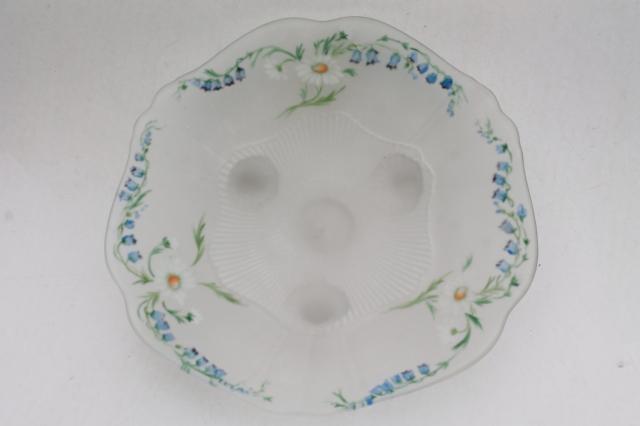 vintage frosted satin glass centerpiece bowl w/ hand painted flowers, daisies & blue bells