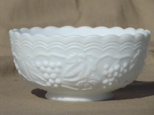 vintage frosted satin milk glass sauce bowl, Imperial grapes pattern