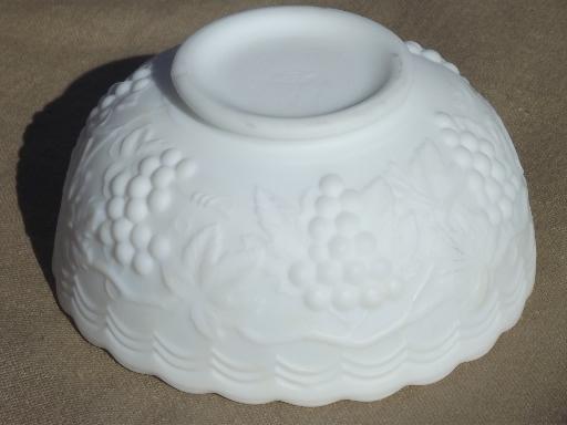 vintage frosted satin milk glass sauce bowl, Imperial grapes pattern