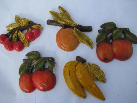 vintage fruit kitchen wall art, lot chalkware plaques, apples, cherries