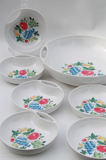 vintage fruit print melmac salad bowls set, retro Lenox Ware melamine dishes