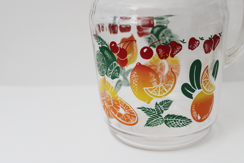 vintage fruit punch print glass lemonade pitcher, retro kitchen glassware