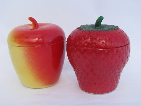 vintage fruit shaped jam pots, milk glass yellow & red apple, bright strawberry!
