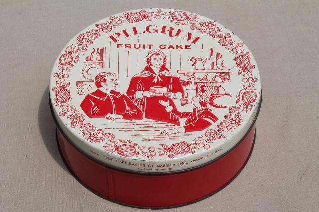 vintage fruitcake tin, Pilgrim fruit cake pilgrims illustration in Christmas red & white