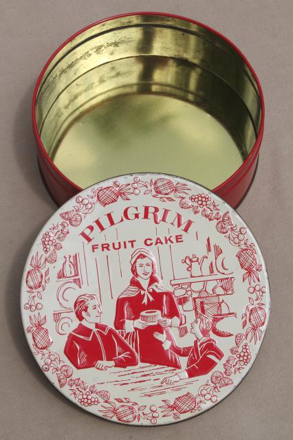 vintage fruitcake tin, Pilgrim fruit cake pilgrims illustration in Christmas red & white