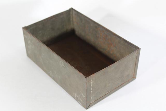 vintage galvanized metal storage box or desk caddy, industrial dark grey zinc patina