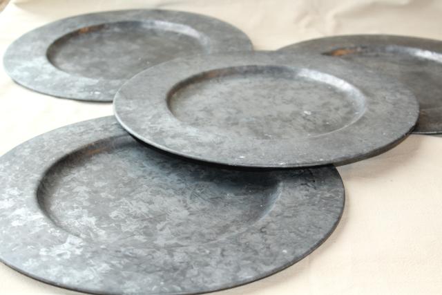 vintage galvanized zinc metal charger plates, rustic country farmhouse table ware