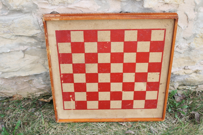 vintage game board, checkerboard reversible backgammon board w/ worn club leather edge