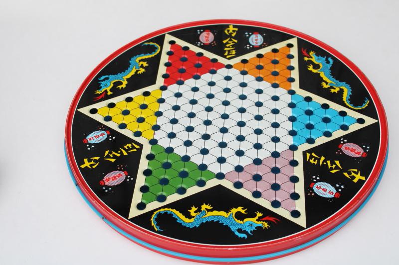 vintage game board, round tin Chinese Checkers / Checkerboard printed metal