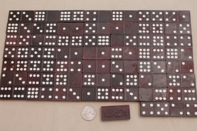 vintage game parts, old wood dominoes, Quaker Oats can full of wooden dominos
