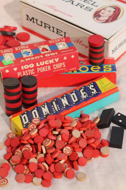 vintage game parts & pieces for board games, dominoes, checkers, bingo, poker chips