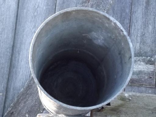 vintage garden flower bucket, zinc galvanized metal w/ old black paint