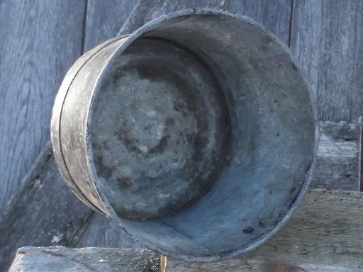 vintage garden flower bucket, zinc galvanized metal w/ old black paint