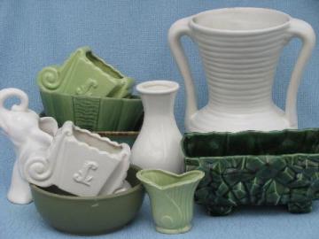 vintage garden pottery pots & planters, mod shapes retro green & white