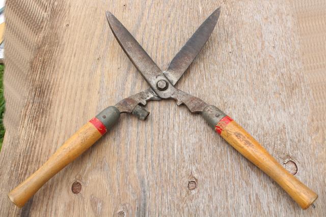vintage garden tools, grass shears, clippers, pruning loppers w/ old wood handles 