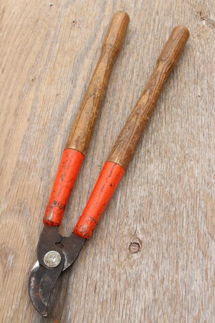 vintage garden tools, grass shears, clippers, pruning loppers w/ old wood handles 