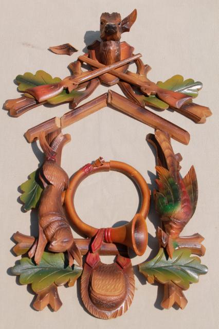 vintage german cuckoo clock parts, carved hunter top  w/ deer, rabbit & bird carvings