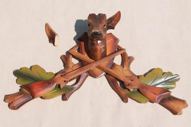 vintage german cuckoo clock parts, carved hunter top  w/ deer, rabbit & bird carvings