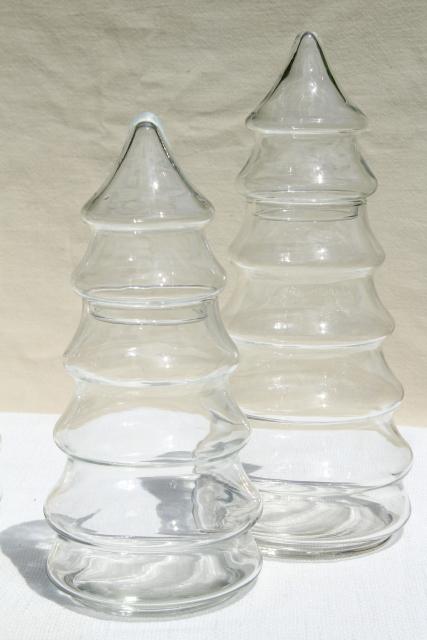 vintage glass Christmas tree canister jars, a candyland forest holiday candy bar display