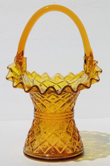 vintage glass basket flower vase, diamond thumbprint block waffle pattern glass in amber golden yellow 