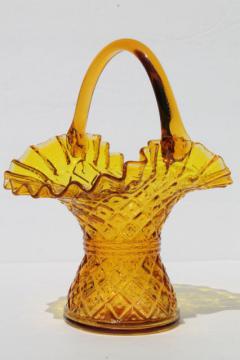 vintage glass basket flower vase, diamond thumbprint block waffle pattern glass in amber golden yellow 