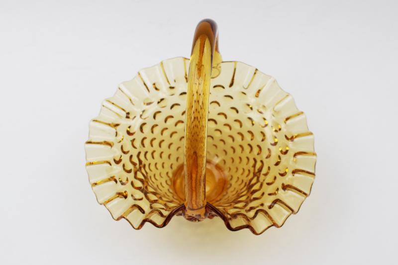 vintage glass basket marked Fenton, hobnail pattern amber glass